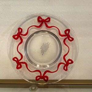 Coquette Red Bow Border Glass Salad Plates 8in Set of 4 Christmas Holiday NEW